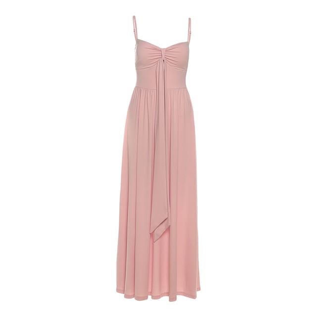 Spaghetti Strap Plain Ruched Maxi A-Line Dress / Open Front Crop Cardigan