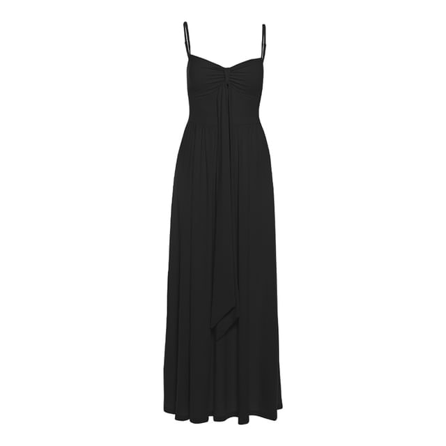 Spaghetti Strap Plain Ruched Maxi A-Line Dress / Open Front Crop Cardigan