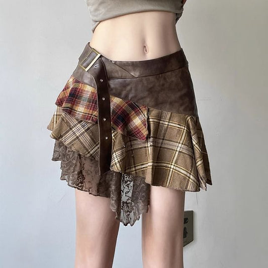 Plaid Panel Mini Skirt with Mid Waist