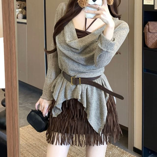 Cowl Neck Top with Fringe Faux Suede Mini Skirt and Belt Set