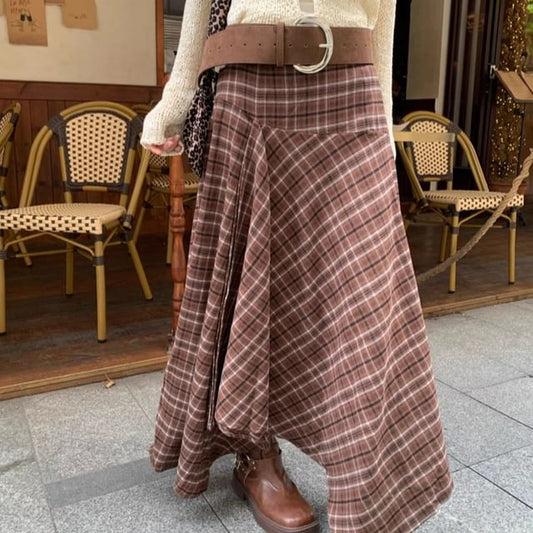 Plaid Asymmetrical Maxi A-Line Skirt with High Rise