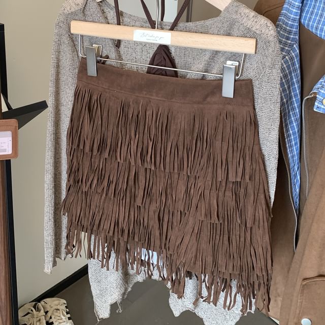 Cowl Neck Top with Fringe Faux Suede Mini Skirt and Belt Set