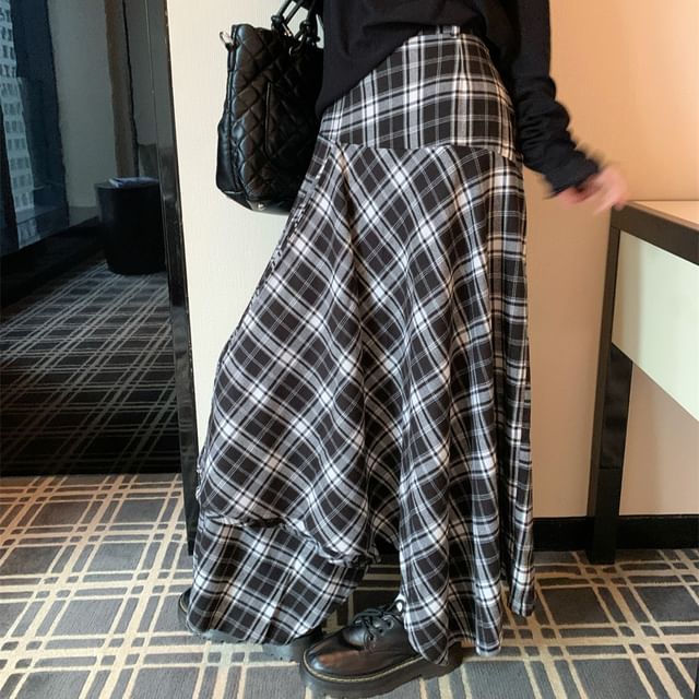 Plaid Asymmetrical Maxi A-Line Skirt with High Rise