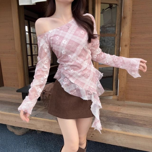Plaid Off-Shoulder Asymmetric Top with Long Sleeves