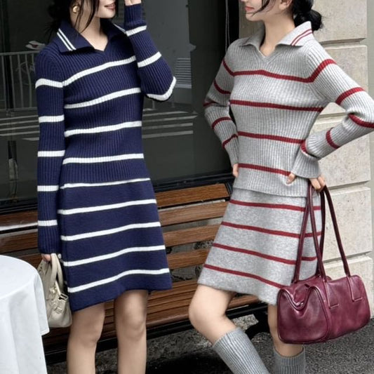 Collared Ribbed Sweater & Knit Mini Skirt Set