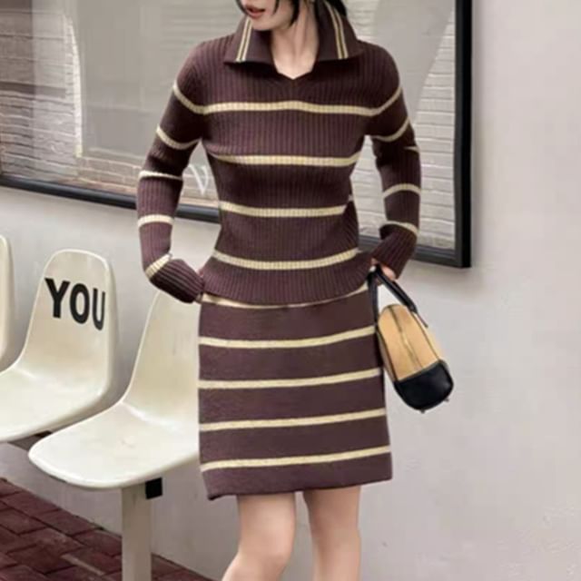 Collared Ribbed Sweater & Knit Mini Skirt Set