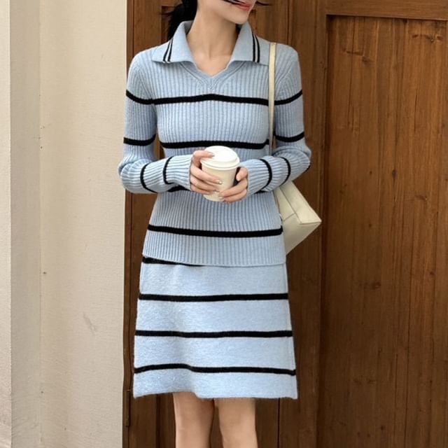 Collared Ribbed Sweater & Knit Mini Skirt Set