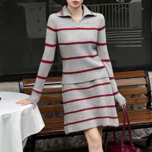 Collared Ribbed Sweater & Knit Mini Skirt Set