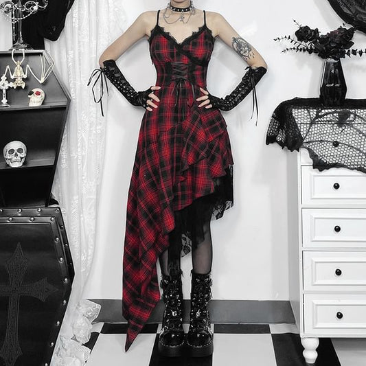 Spaghetti Strap V-Neck Plaid Asymmetrical Midi Dress