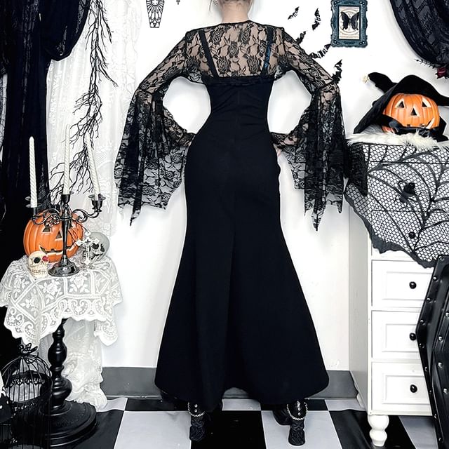 Spaghetti Strap Glitter Maxi A-Line Dress / Long-Sleeve Lace Shrug