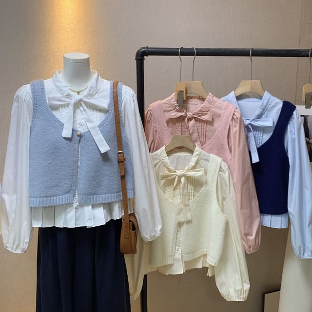 Tie-Neck Solid Blouse & Single-Button Sweater Vest Set with Long Sleeves