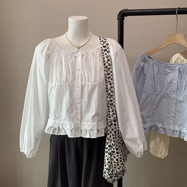 Lace-Trimmed Blouse with Crew Neckline & Extended Sleeves