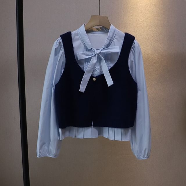Tie-Neck Solid Blouse & Single-Button Sweater Vest Set with Long Sleeves