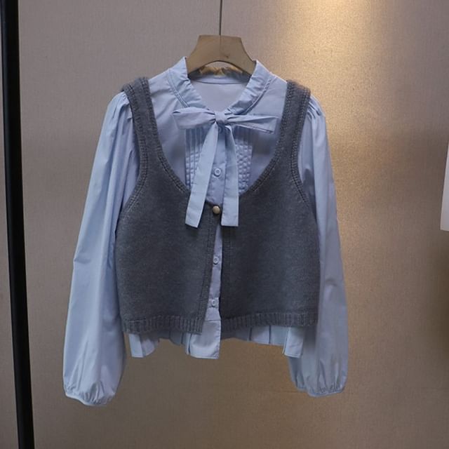 Tie-Neck Solid Blouse & Single-Button Sweater Vest Set with Long Sleeves