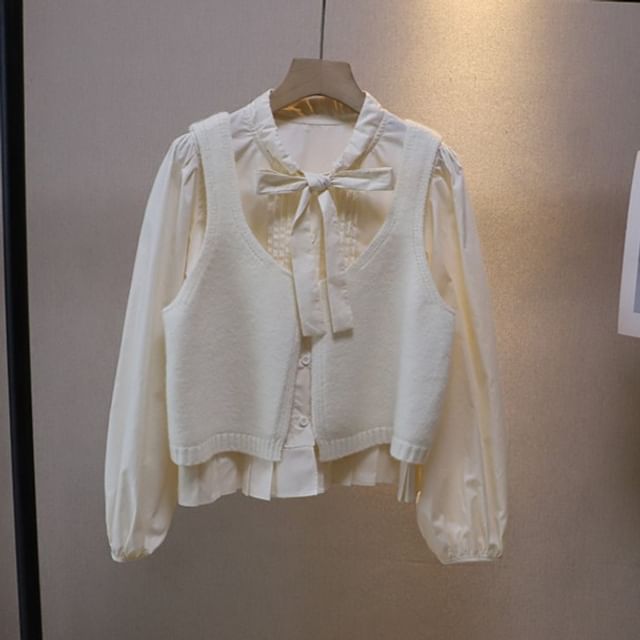 Tie-Neck Solid Blouse & Single-Button Sweater Vest Set with Long Sleeves