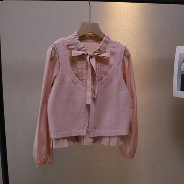 Tie-Neck Solid Blouse & Single-Button Sweater Vest Set with Long Sleeves
