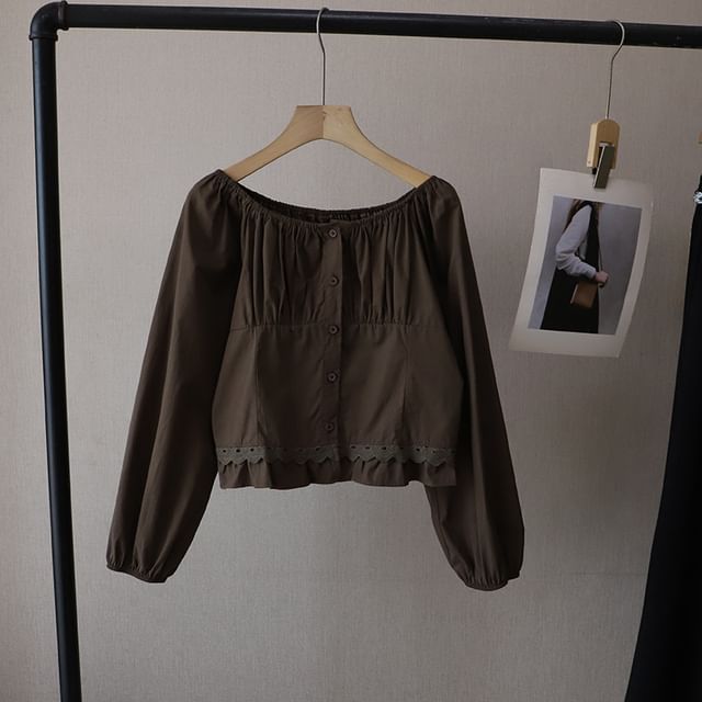 Lace-Trimmed Blouse with Crew Neckline & Extended Sleeves