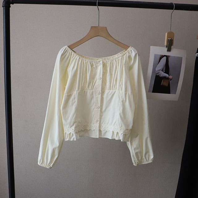 Lace-Trimmed Blouse with Crew Neckline & Extended Sleeves