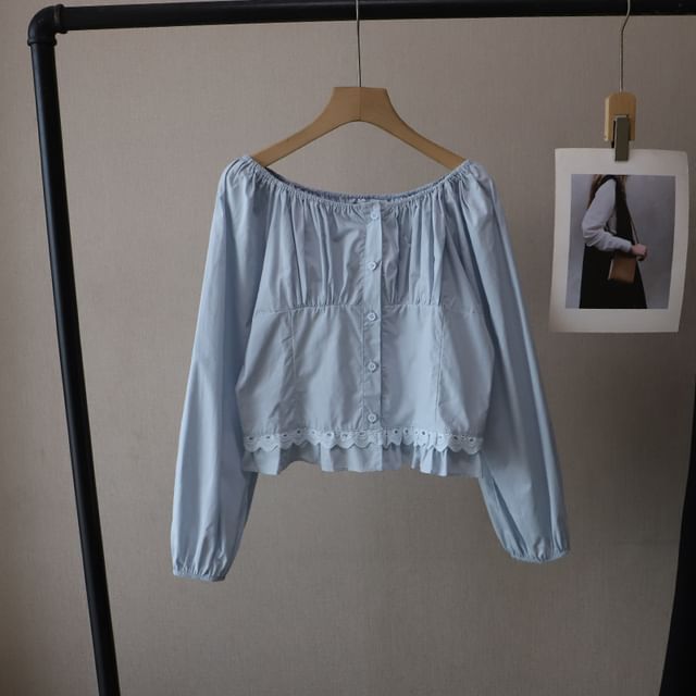 Lace-Trimmed Blouse with Crew Neckline & Extended Sleeves