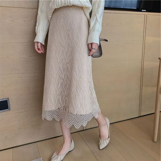 Lace Panel Knit Midi A-Line Skirt with High Waist