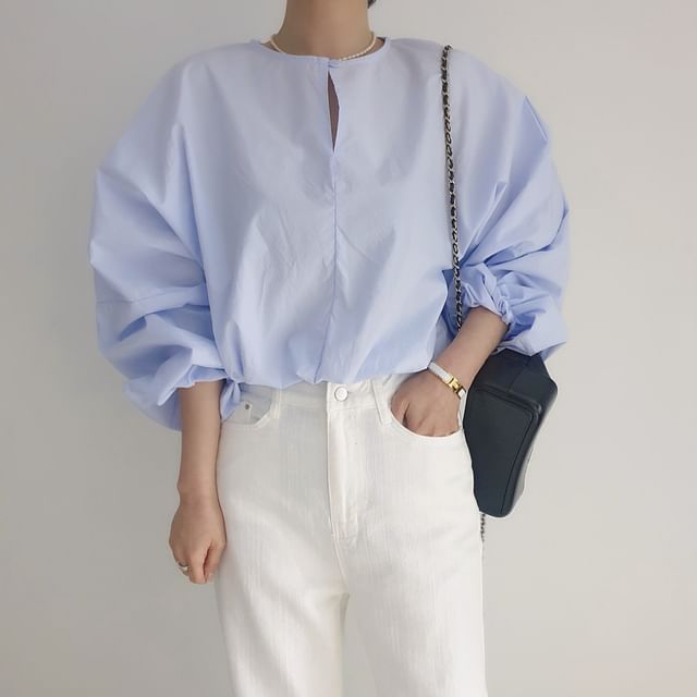 Cutout Detail Blouse with Round Neckline & Long Sleeves