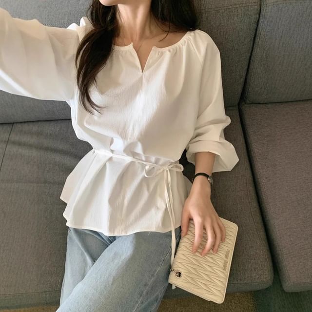 Notched-Collar Sashed Blouse with Extended Sleeves in Solid Tone