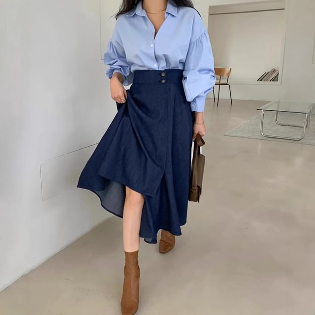 Solid Shirt with Long Sleeves & High-Waist Asymmetric A-Line Midi Skirt