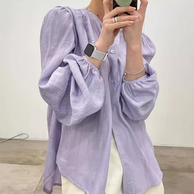 Round Neck Plain Long Sleeve Blouse Shirt