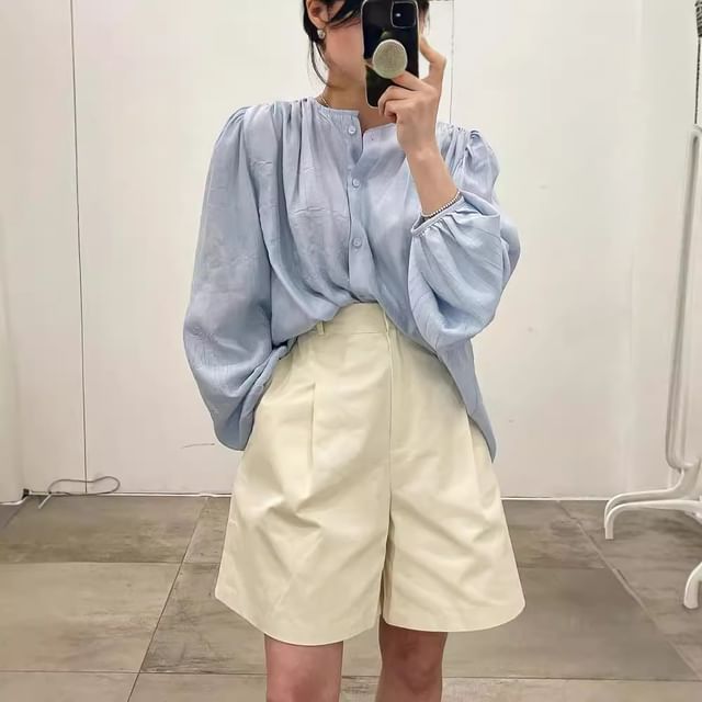 Round Neck Plain Long Sleeve Blouse Shirt