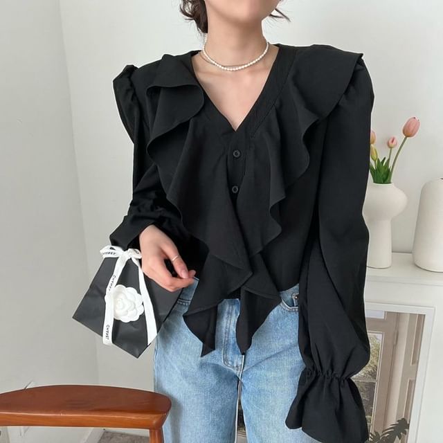 Ruffle-Trimmed Blouse with V-Neckline & Extended Sleeves