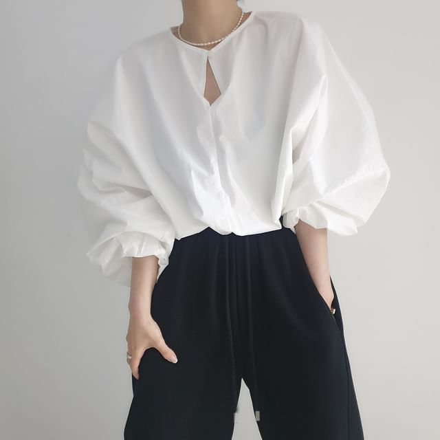 Cutout Detail Blouse with Round Neckline & Long Sleeves