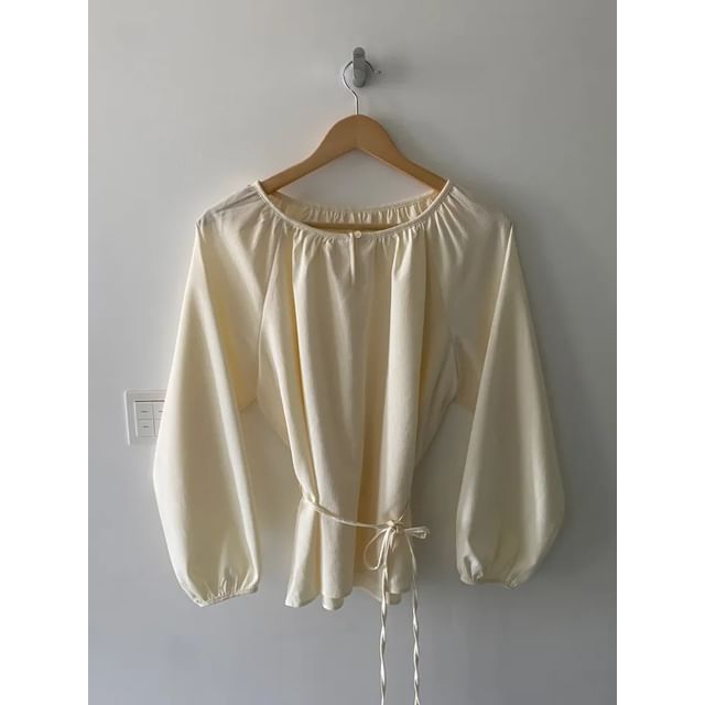 Notched-Collar Sashed Blouse with Extended Sleeves in Solid Tone