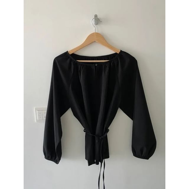 Notched-Collar Sashed Blouse with Extended Sleeves in Solid Tone