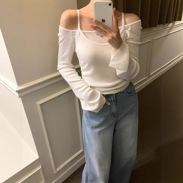 Off-Shoulder Knitted Pullover & Cami Duo with Extended Sleeves