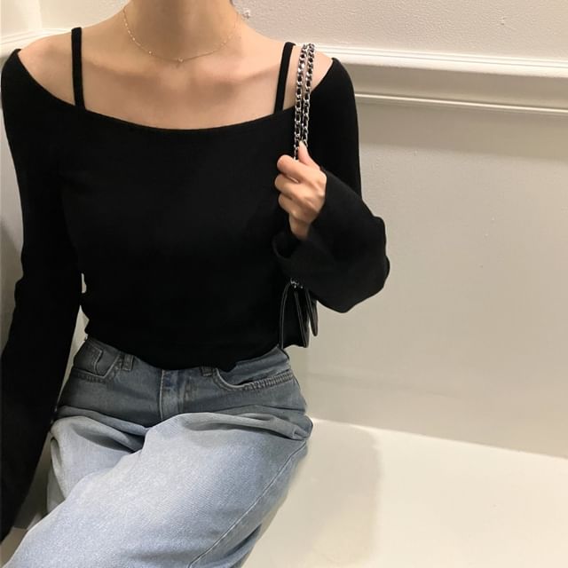 Off-Shoulder Knitted Pullover & Cami Duo with Extended Sleeves