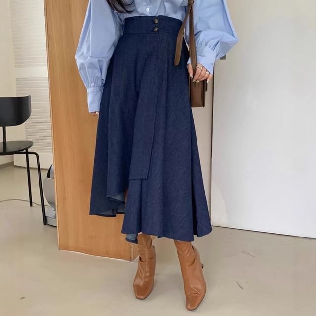 Solid Shirt with Long Sleeves & High-Waist Asymmetric A-Line Midi Skirt