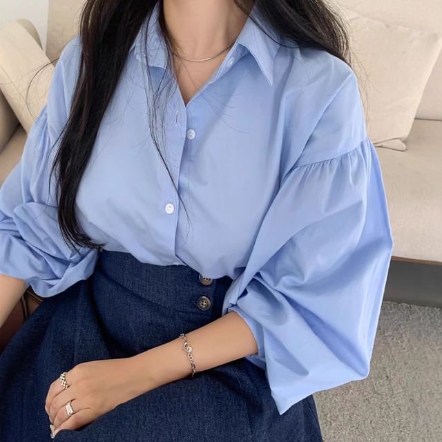Solid Shirt with Long Sleeves & High-Waist Asymmetric A-Line Midi Skirt