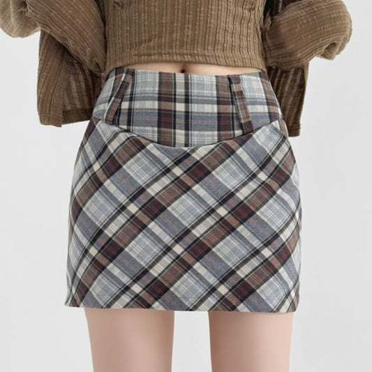 Plaid Mini Pencil Skirt with High Rise