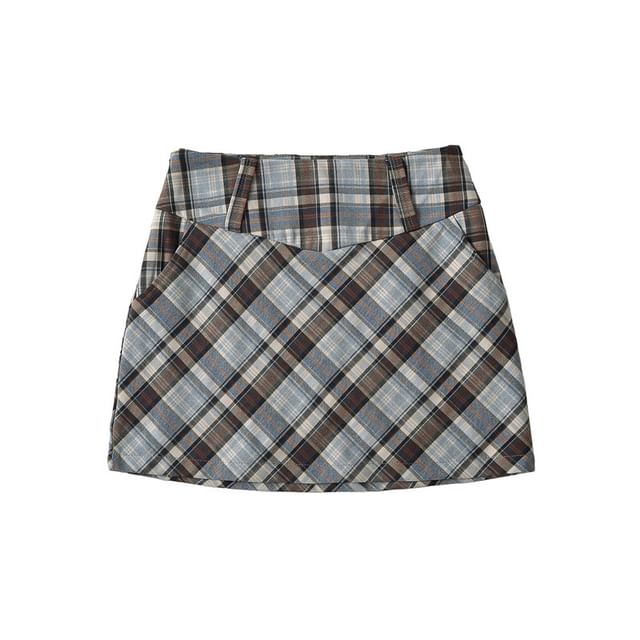 Plaid Mini Pencil Skirt with High Rise