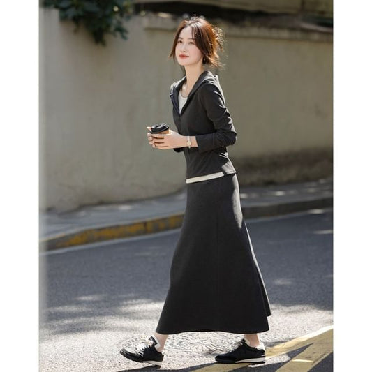 Two-Tone Half-Zip Hoodie & Midi A-Line Skirt Set