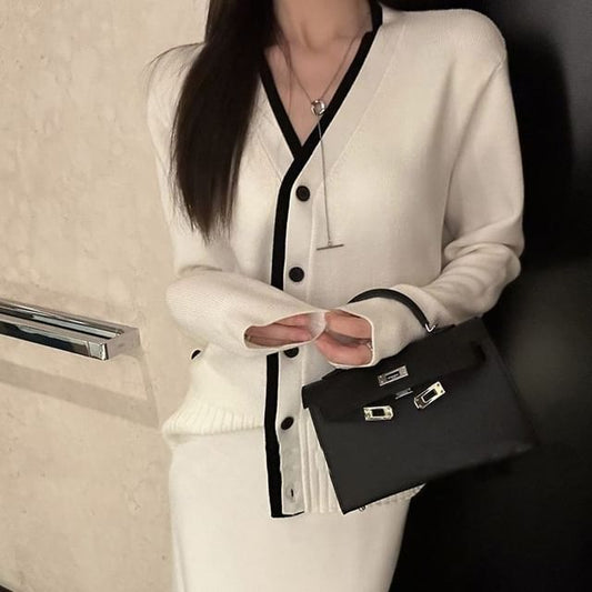 V-Neck Contrast Trim Cardigan with Knit Maxi H-Line Skirt Set