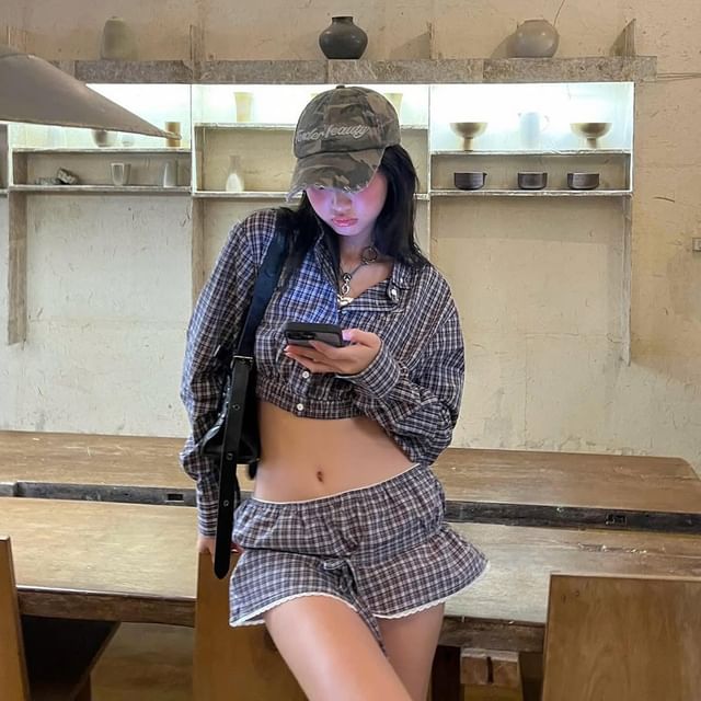 Plaid Button-Up Crop Shirt with Lace Trim Mini A-Line Skirt