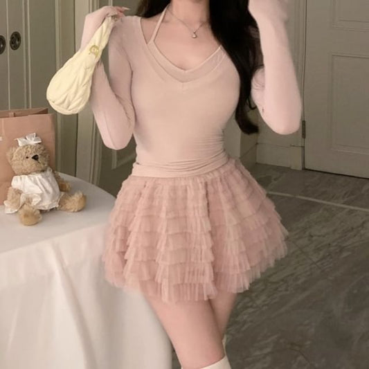 Halter V-Neck Crop Top with Slim Fit Tee and Tiered Mini Skirt Set