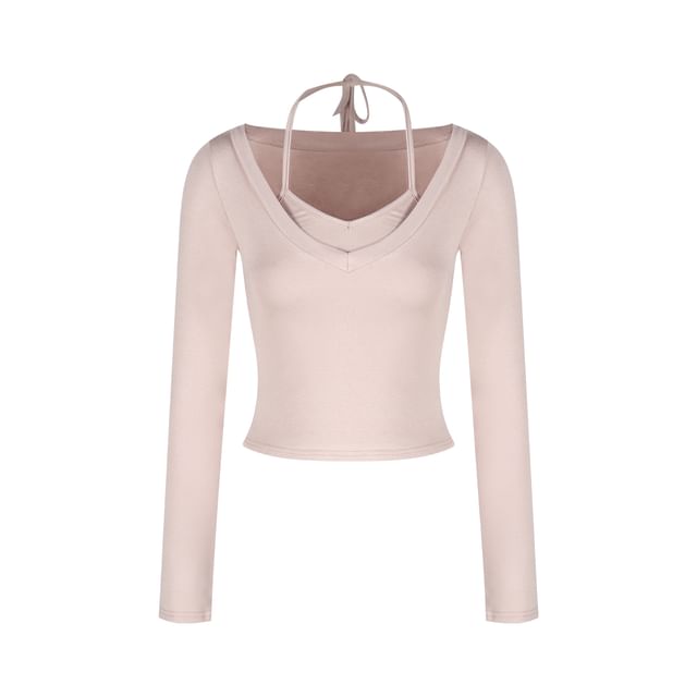 Halter V-Neck Crop Top with Slim Fit Tee and Tiered Mini Skirt Set