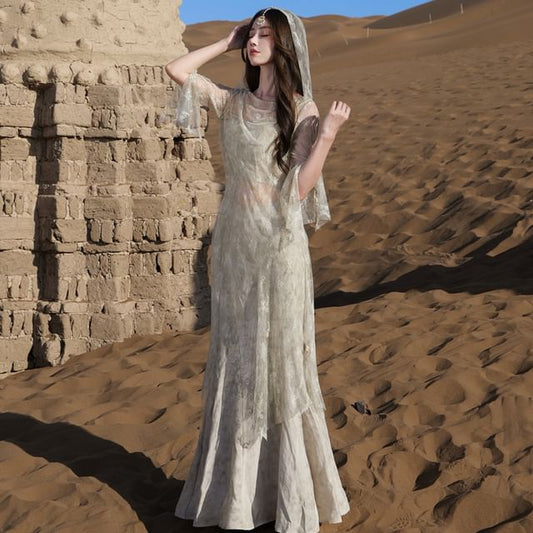 Hooded Slit Lace Long Top with Crop Cami and Tie Dye Maxi Skirt Set