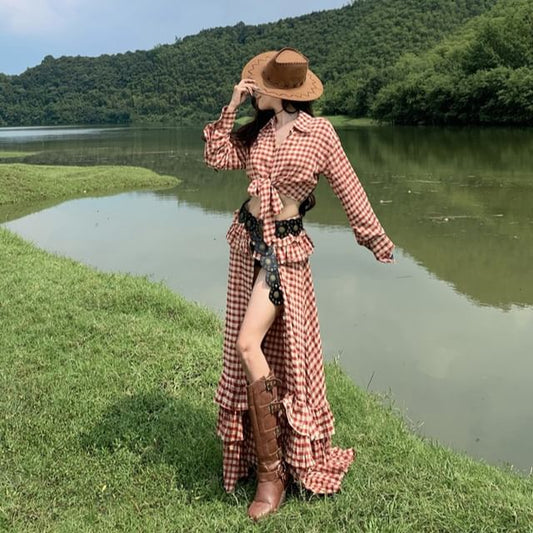 Collared Gingham Tie Hem Crop Blouse with Ruffle Trim Slit Maxi Skirt Set