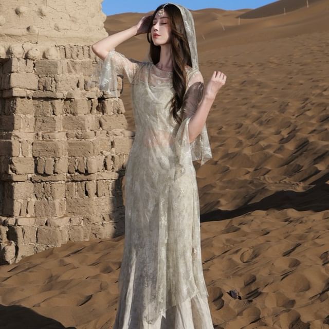 Hooded Slit Lace Long Top with Crop Cami and Tie Dye Maxi Skirt Set