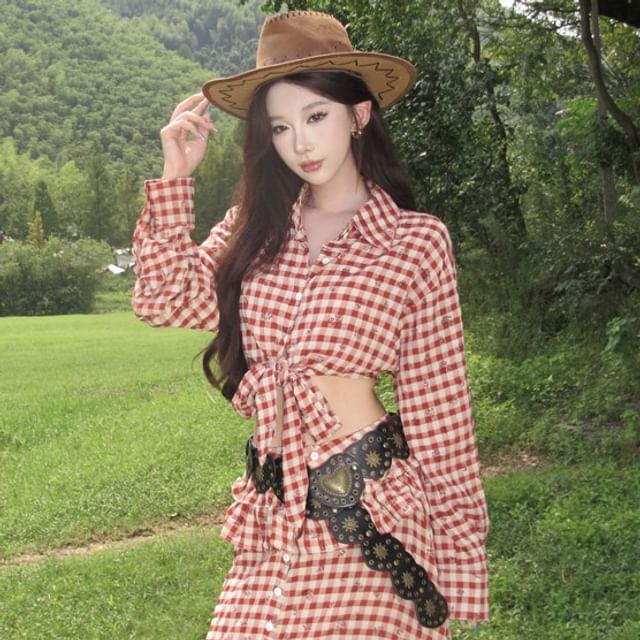 Collared Gingham Tie Hem Crop Blouse with Ruffle Trim Slit Maxi Skirt Set
