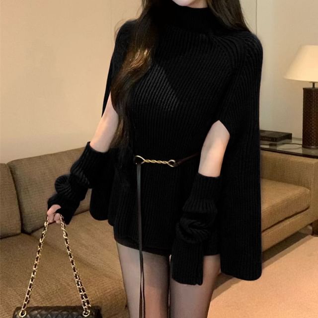 Ribbed Turtleneck Knit Top with Cape Sleeves and Arm Sleeves Set