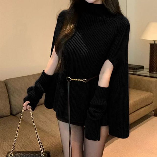 Ribbed Turtleneck Knit Top with Cape Sleeves and Arm Sleeves Set